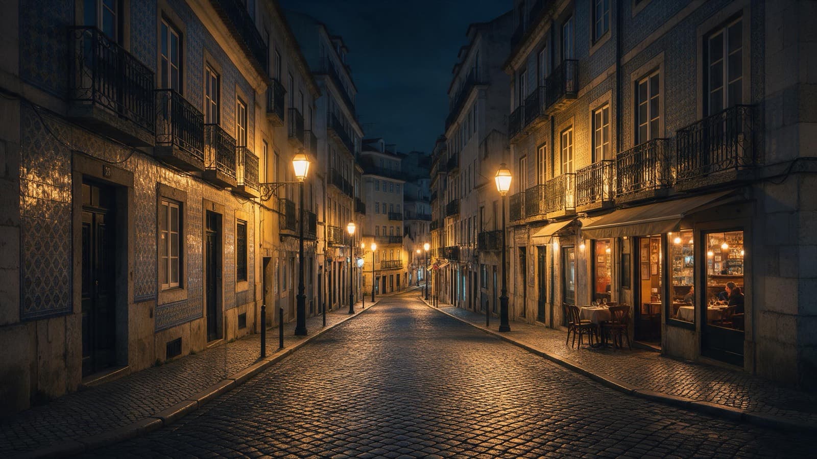 Rua histórica de Lisboa à noite, com candeeiros quentes e um restaurante aberto